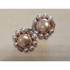 Vintage Japan Pink‎ Faux Pearl and AB Cluster Bead Round Clip On Earrings